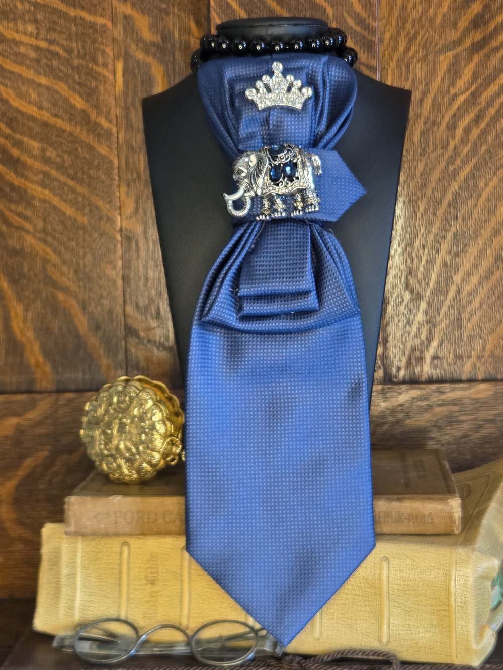 Blue Ladies Cravat with Silver Elephant Pin